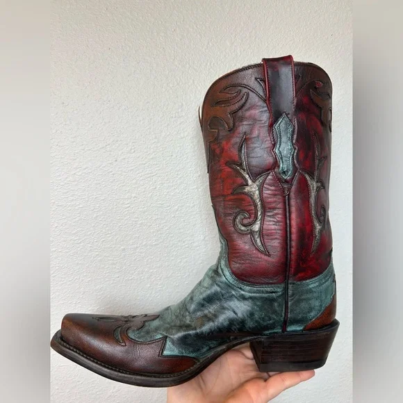 Lucchese Women’s Western Cowboy Boots Red Teal & Brown Distressed Leather Size 7 - Picture 5 of 17